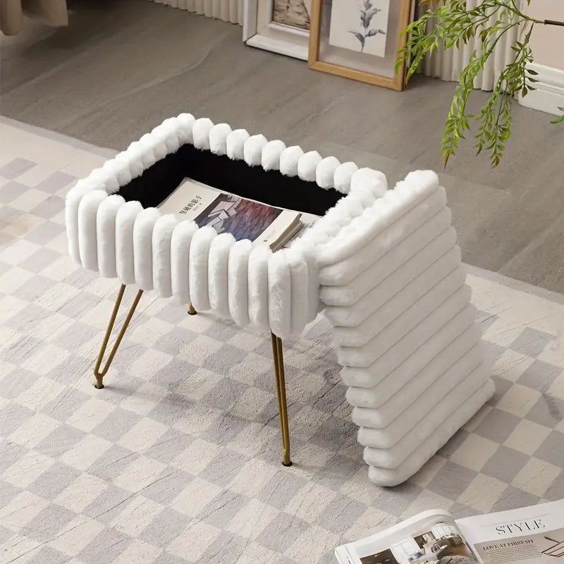 VeluLuxe | Luxury Faux Fur Side Stool with Storage Space &amp; Gold Legs