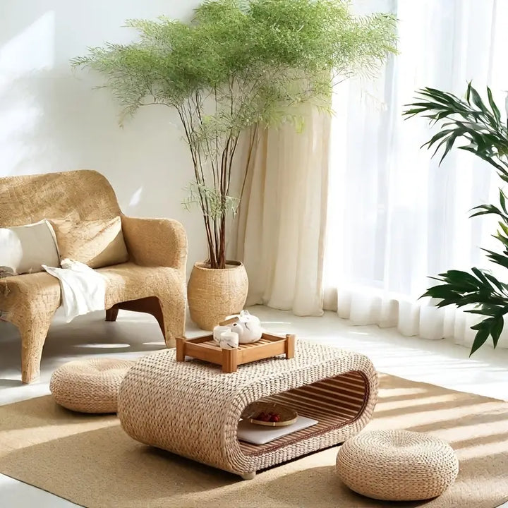 Japandi Tatami Coffee Table | Handwoven Rattan with Wooden Frame