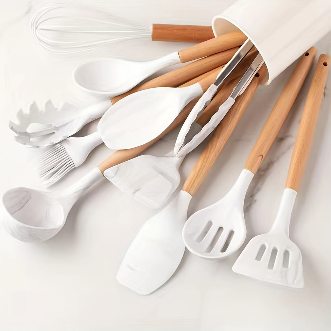 Silicone Kitchen Utensil Set 12-Piece | Heat-Resistant with Wooden Handles