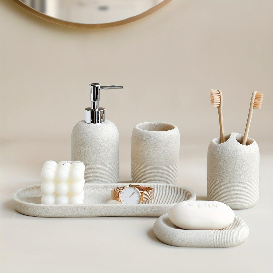5-Piece Modern Bathroom Accessory Set | Luxury Organizer with Dispenser, Cups &amp; Soap Dish