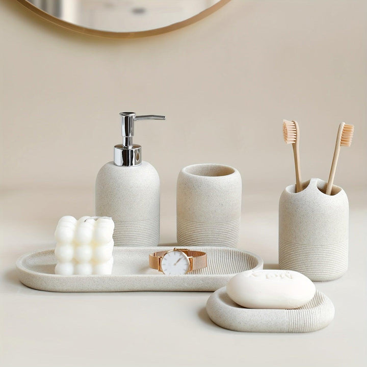 5-Piece Modern Bathroom Accessory Set | Luxury Organizer with Dispenser, Cups &amp; Soap Dish