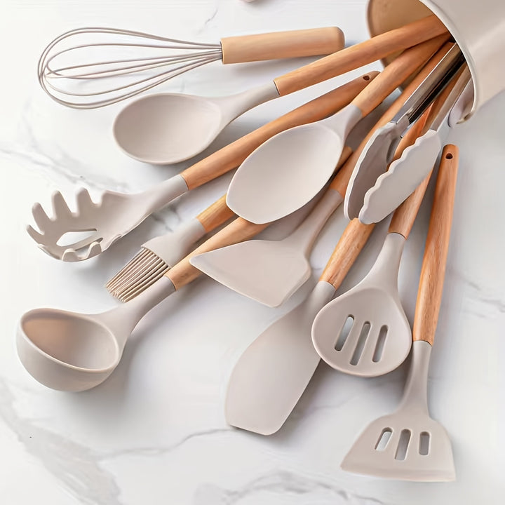 Silicone Kitchen Utensil Set 12-Piece | Heat-Resistant with Wooden Handles