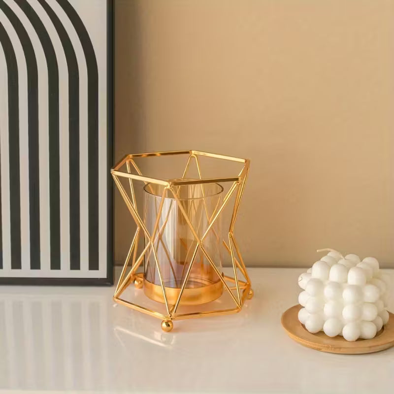 Geometric Metal Vase with Glass Insert | Modern Iron Art Decor