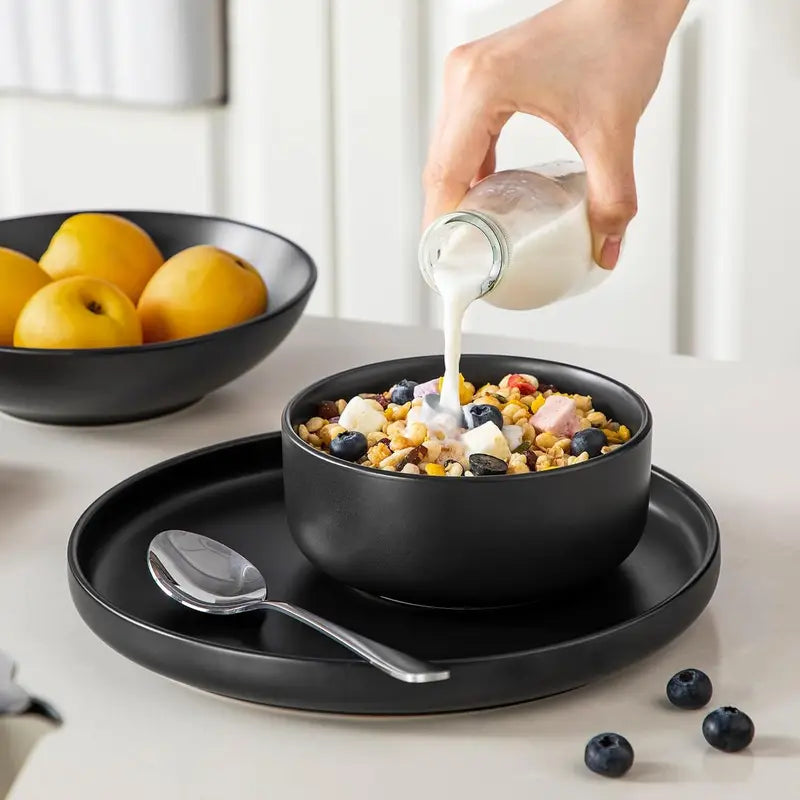 NoirStone | 24-Piece Black Stoneware Dinnerware Set with Matte Glaze