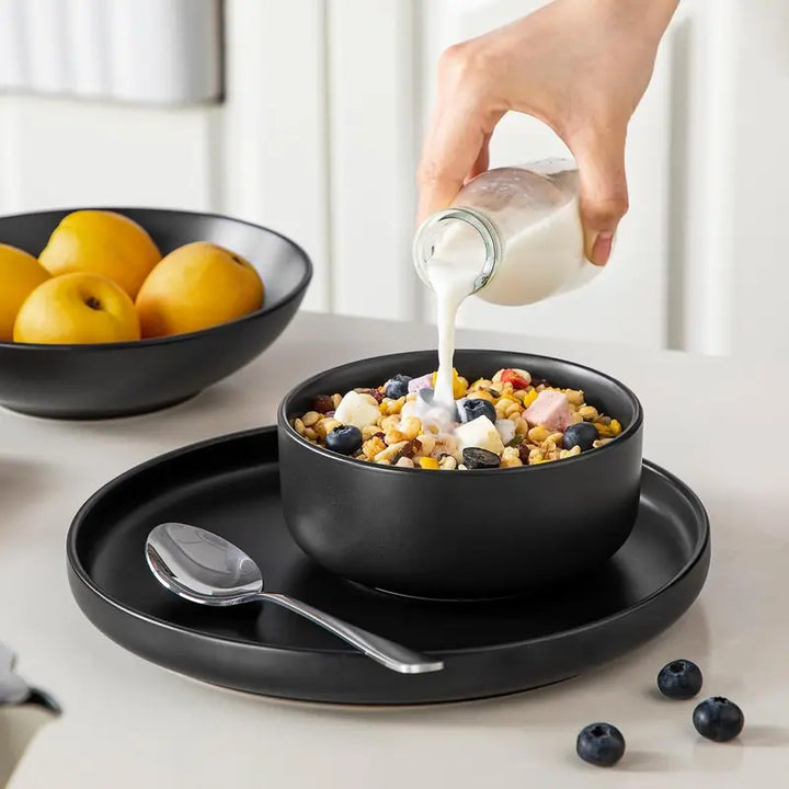 NoirStone | 24-Piece Black Stoneware Dinnerware Set with Matte Glaze