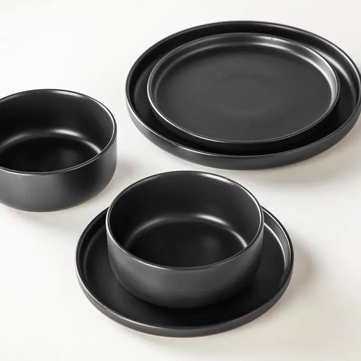 NoirStone | 24-Piece Black Stoneware Dinnerware Set with Matte Glaze