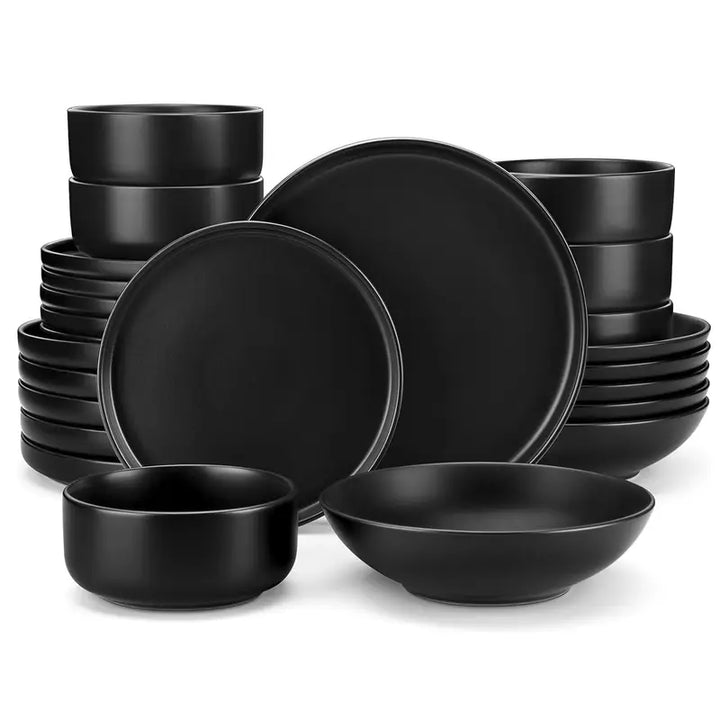 NoirStone | 24-Piece Black Stoneware Dinnerware Set with Matte Glaze