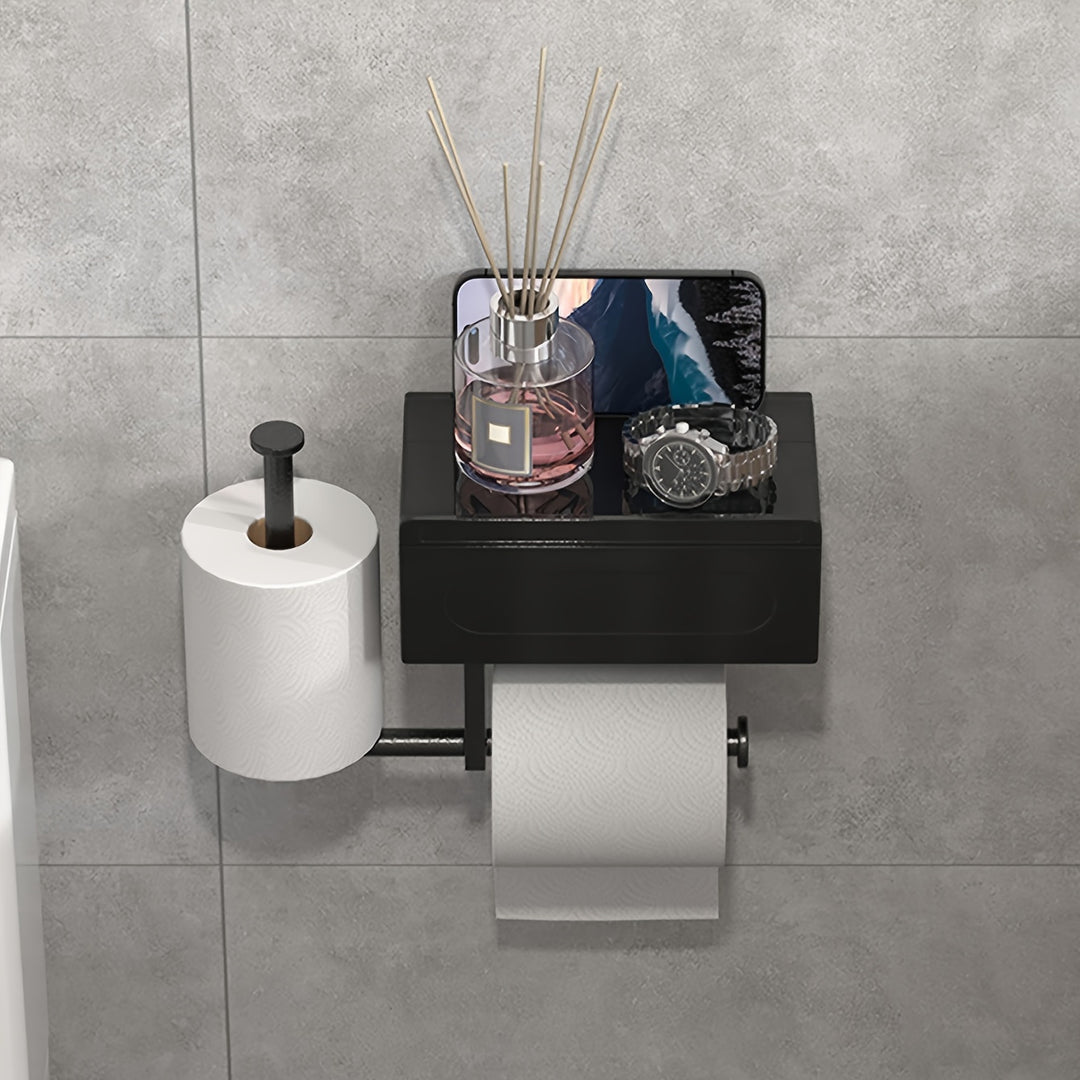 Black Toilet Roll Holder with Shelf | Self-Adhesive &amp; Drill-Free | Modern Metal