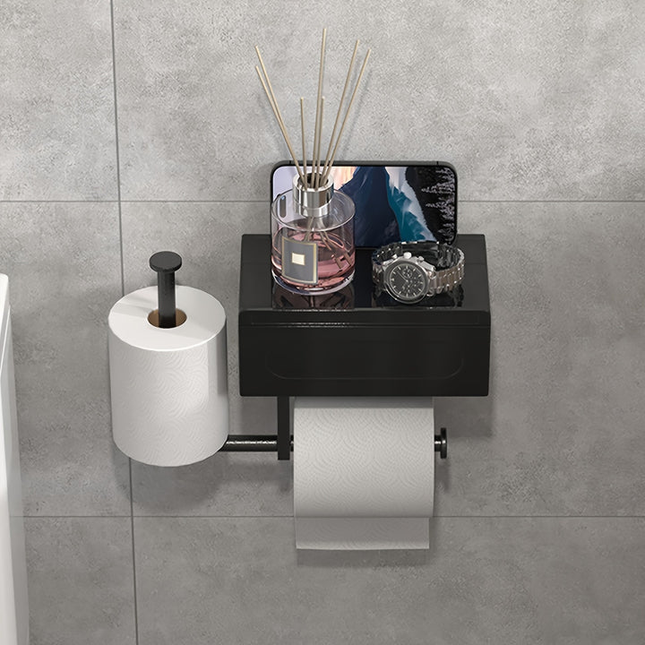 Black Toilet Roll Holder with Shelf | Self-Adhesive &amp; Drill-Free | Modern Metal