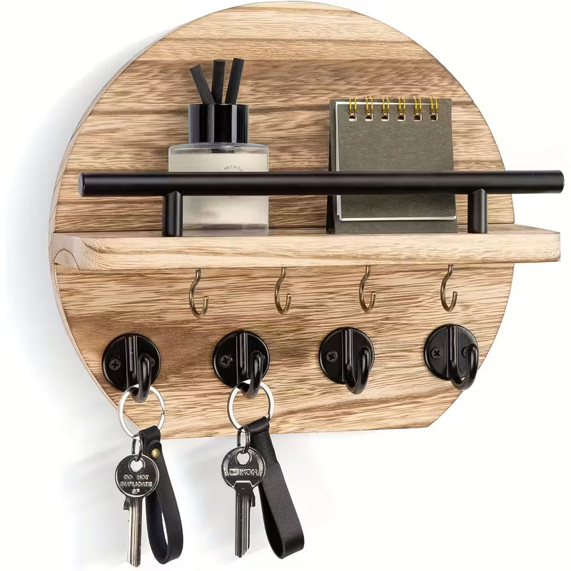 Round Wooden Key Holder with Shelf | Wall Organizer with 8 Hooks