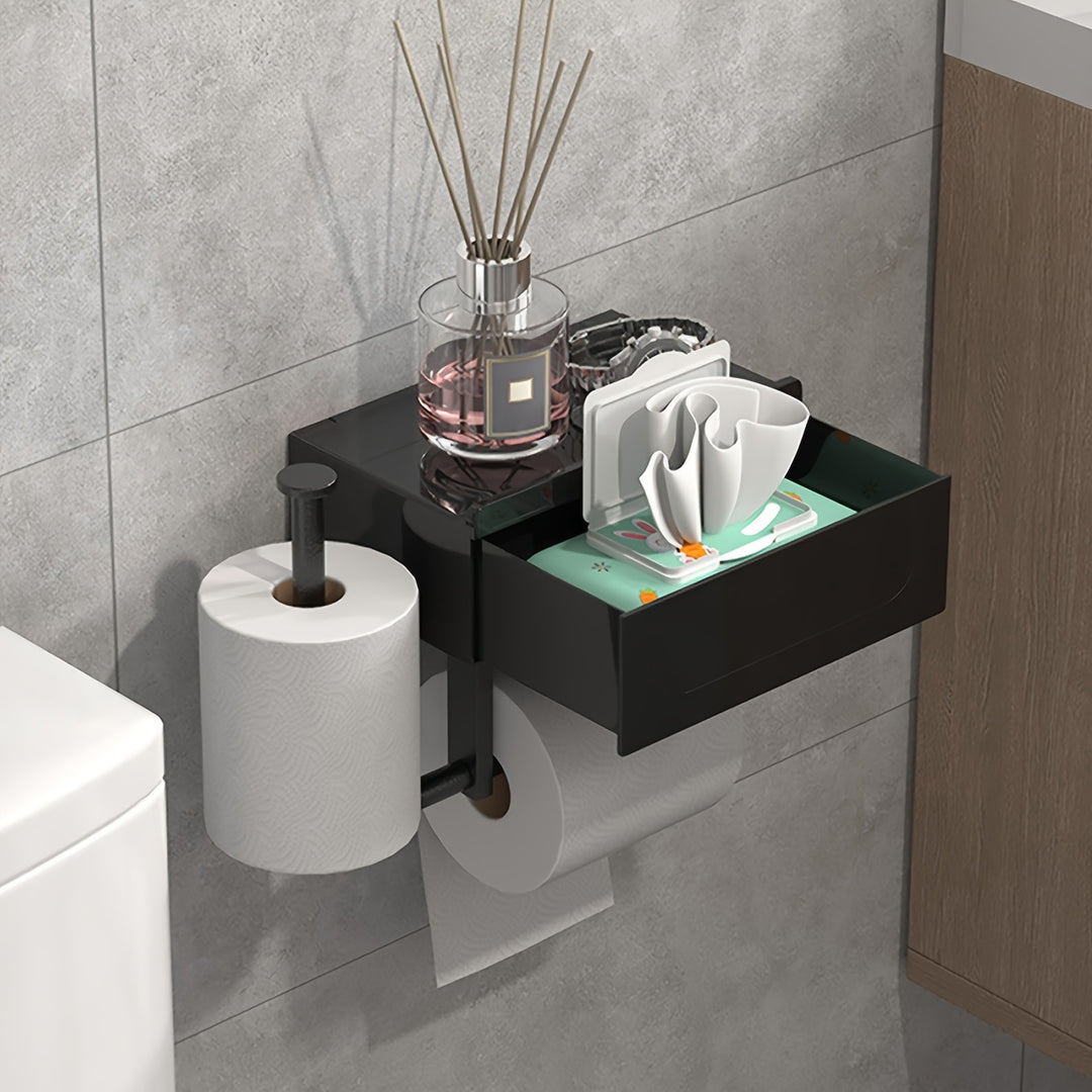 Black Toilet Roll Holder with Shelf | Self-Adhesive &amp; Drill-Free | Modern Metal