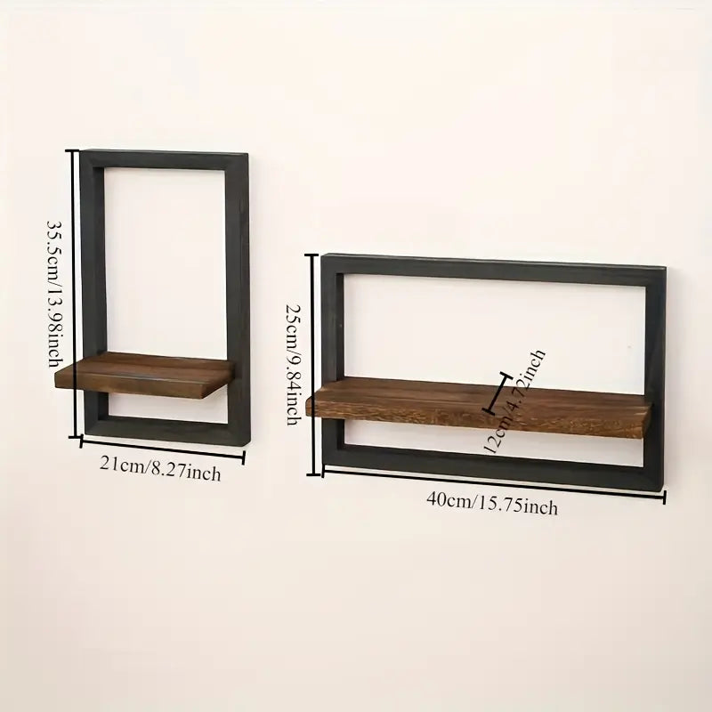 2-Piece Wooden Wall Shelf Set | Vintage Black &amp; Brown Wall Racks | 40x25 cm &amp; 21x35.5 cm