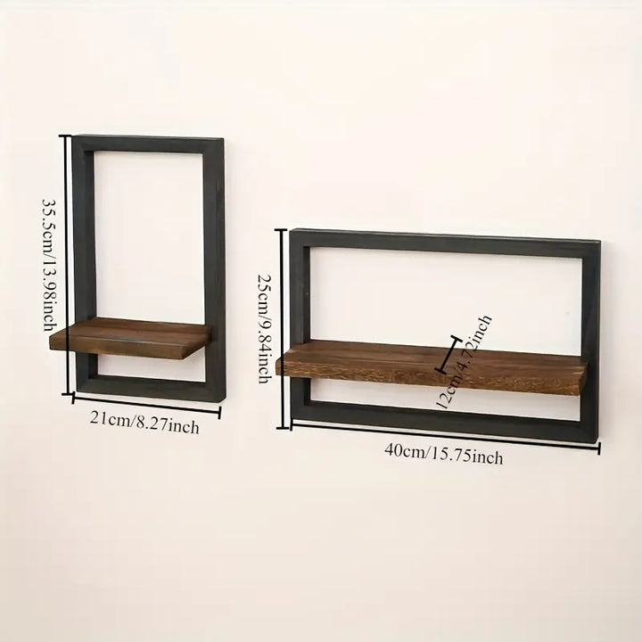 2-Piece Wooden Wall Shelf Set | Vintage Black &amp; Brown Wall Racks | 40x25 cm &amp; 21x35.5 cm