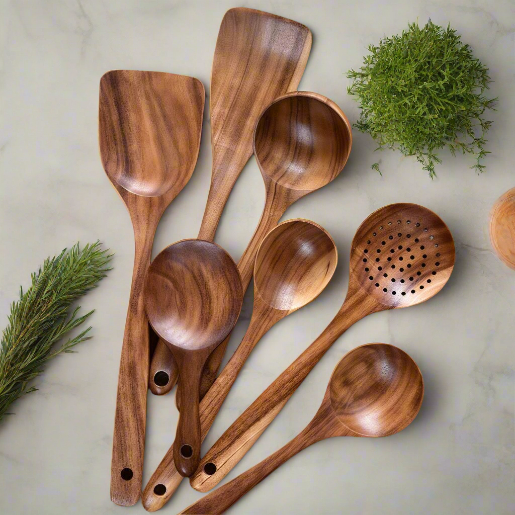 Ensemble de cuisine en teck | Ustensiles de cuisine en bois durable pour chaque cuisine
