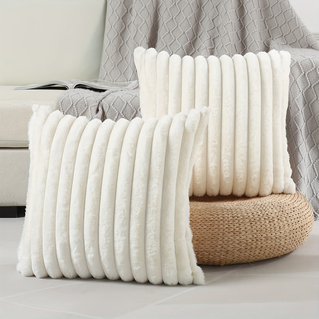 2-Piece Luxury Cushion Cover Set | Cream White Plush Faux Fur with Striped Design