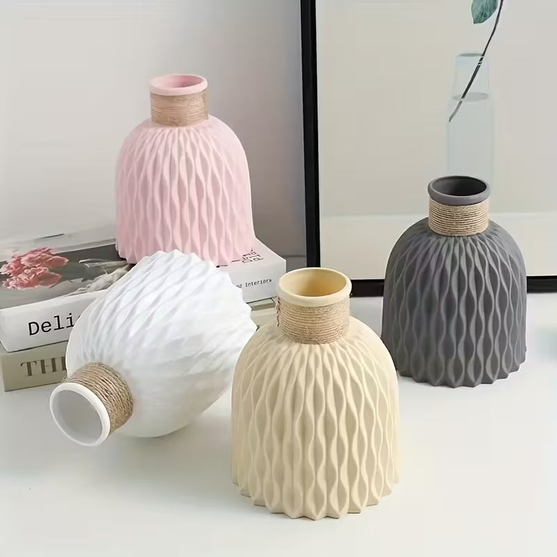 Nordic Ceramic Flower Vase | Geometric Relief &amp; Rope Detail