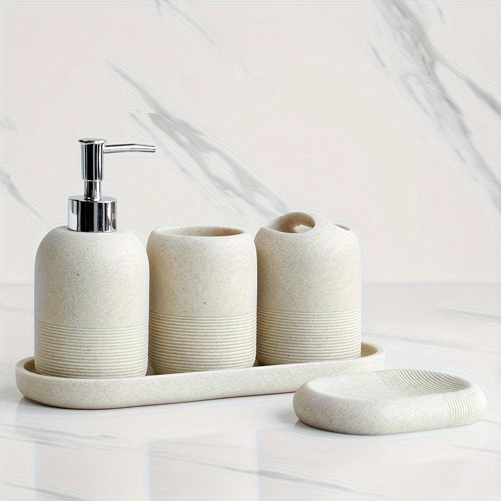 5-Piece Modern Bathroom Accessory Set | Luxury Organizer with Dispenser, Cups &amp; Soap Dish