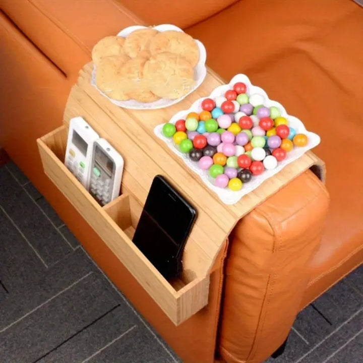 Bamboo Bench Back Tray with Cup Holders | Folding Arm Table for Drinks &amp; Snacks | 51x32cm