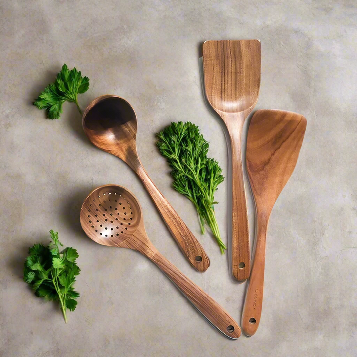 Ensemble de cuisine en teck | Ustensiles de cuisine en bois durable pour chaque cuisine