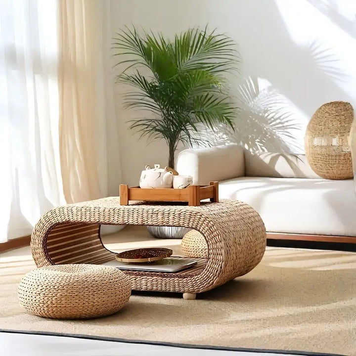 Japandi Tatami Coffee Table | Handwoven Rattan with Wooden Frame