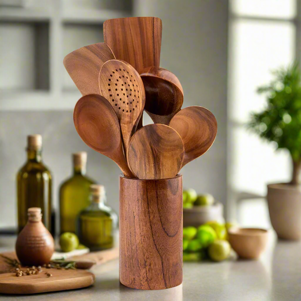 Ensemble de cuisine en teck | Ustensiles de cuisine en bois durable pour chaque cuisine