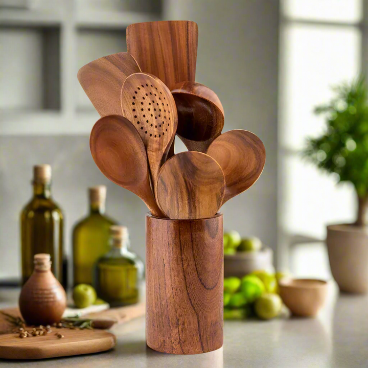 Ensemble de cuisine en teck | Ustensiles de cuisine en bois durable pour chaque cuisine