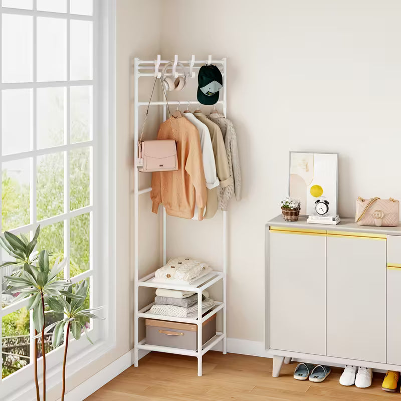 Metal Corner Shelf with Hooks | 3-Tier Storage Rack for Coats, Hats &amp; Accessories