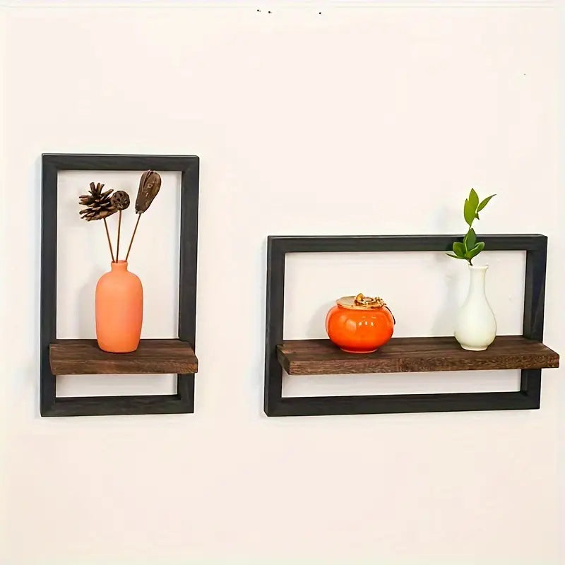 2-Piece Wooden Wall Shelf Set | Vintage Black &amp; Brown Wall Racks | 40x25 cm &amp; 21x35.5 cm