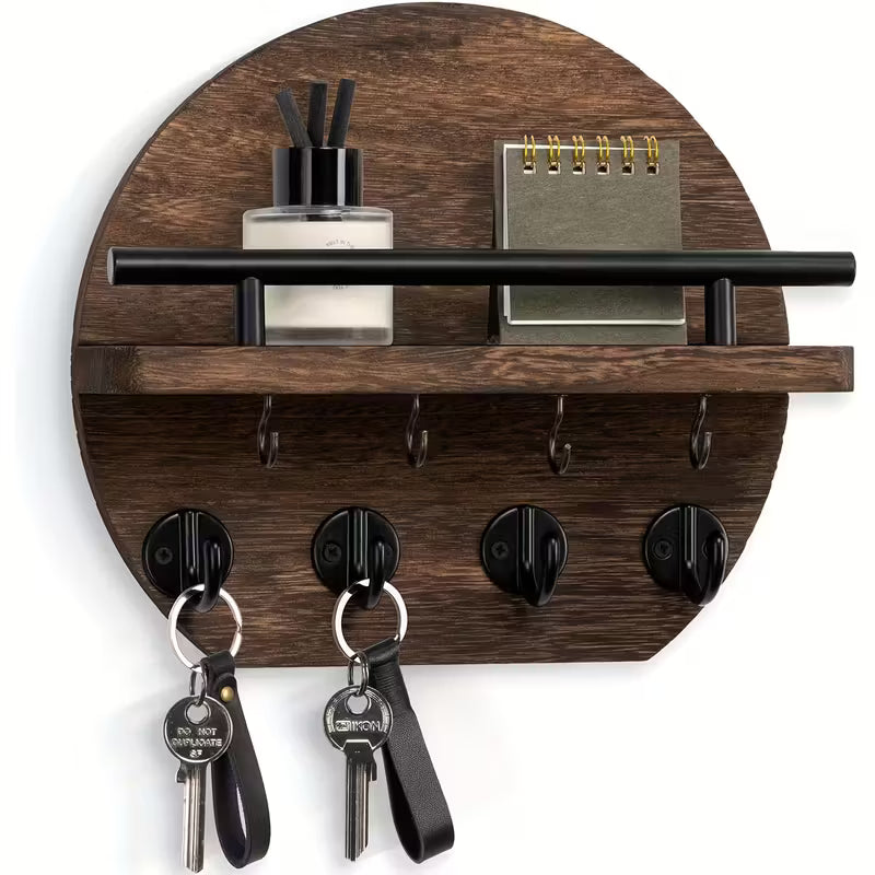 Round Wooden Key Holder with Shelf | Wall Organizer with 8 Hooks