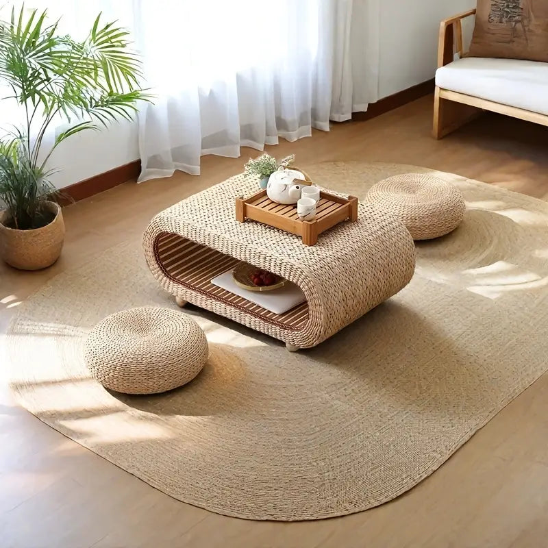 Japandi Tatami Coffee Table | Handwoven Rattan with Wooden Frame