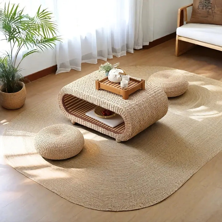 Japandi Tatami Coffee Table | Handwoven Rattan with Wooden Frame