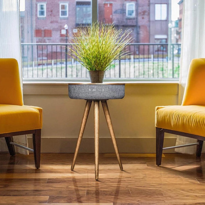 Mersenne | Bluetooth Speaker Side Table with 360° Sound, Wireless Charging &amp; Walnut Legs