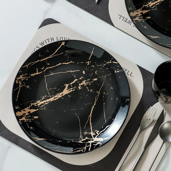 MarbellaGold | 16-Piece Black Porcelain Dinnerware Set with Gold Marble Pattern – Serves 4