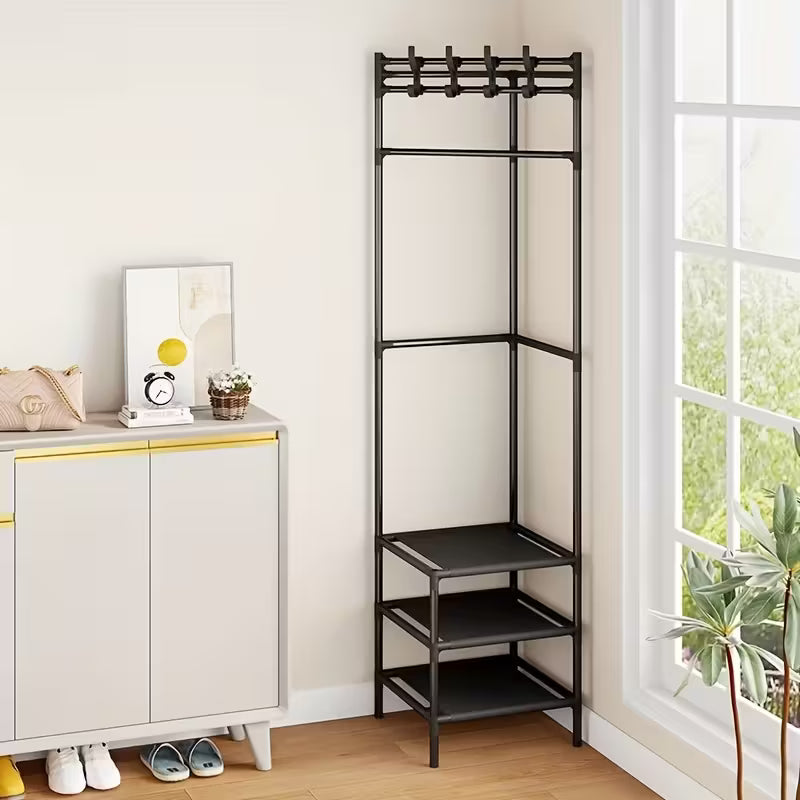 Metal Corner Shelf with Hooks | 3-Tier Storage Rack for Coats, Hats &amp; Accessories