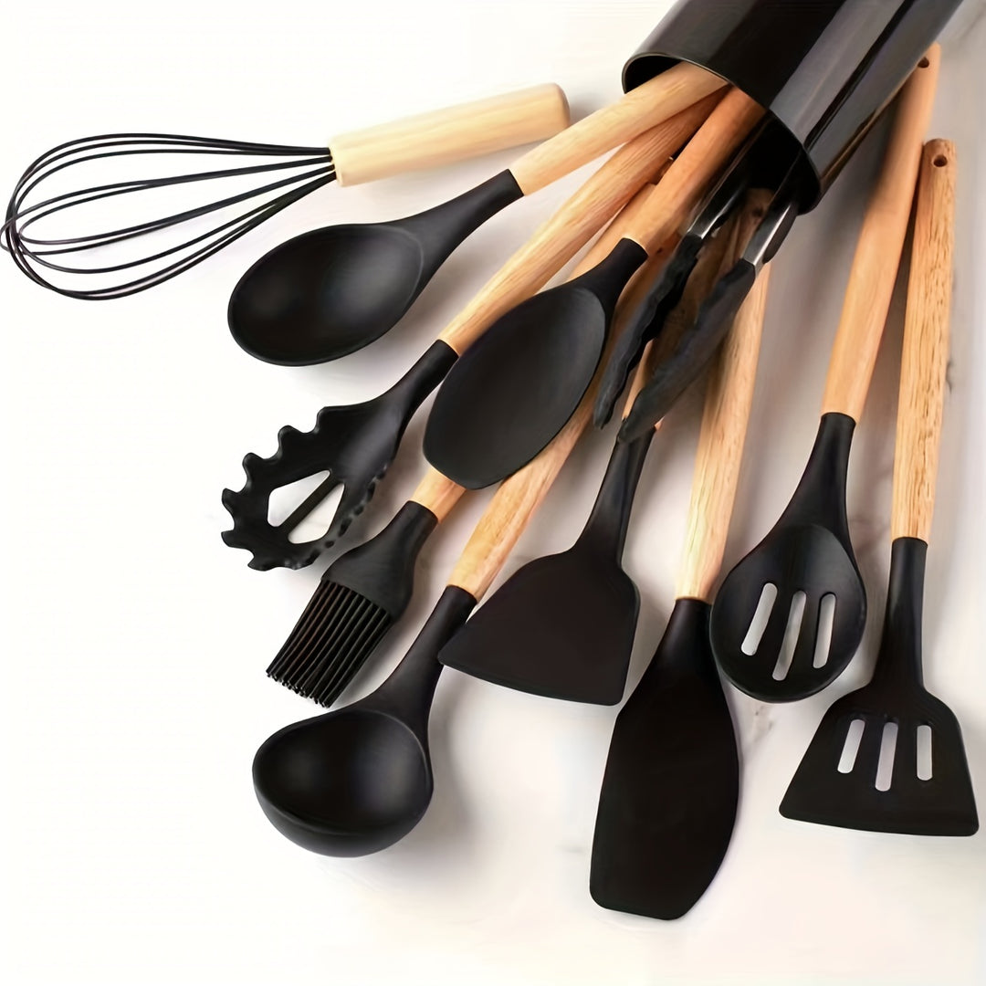 Silicone Kitchen Utensil Set 12-Piece | Heat-Resistant with Wooden Handles