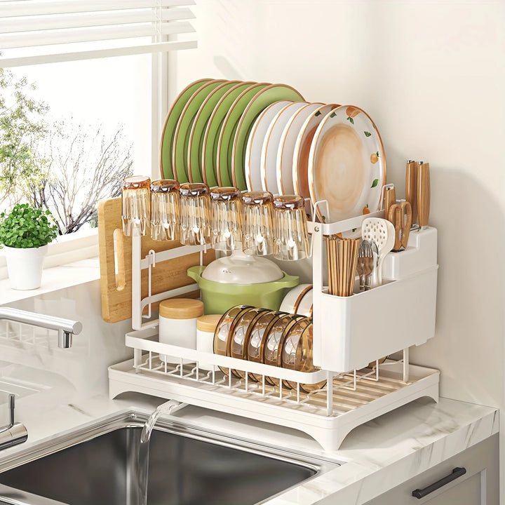 Layered Dish Drainer with Drip Tray | Plate and Cutlery Holder for Countertop or Sink