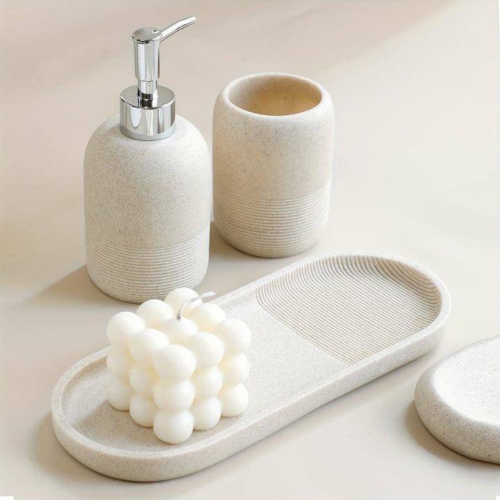 5-Piece Modern Bathroom Accessory Set | Luxury Organizer with Dispenser, Cups &amp; Soap Dish