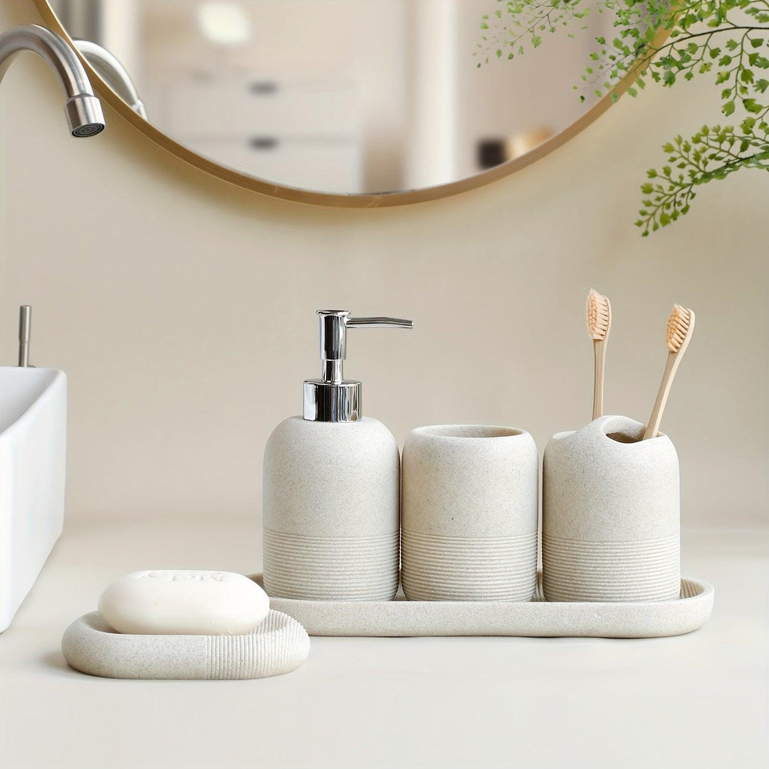 5-Piece Modern Bathroom Accessory Set | Luxury Organizer with Dispenser, Cups &amp; Soap Dish