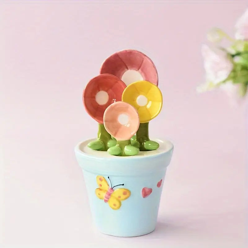 Flower-shaped ceramic measuring spoons | Includes holder