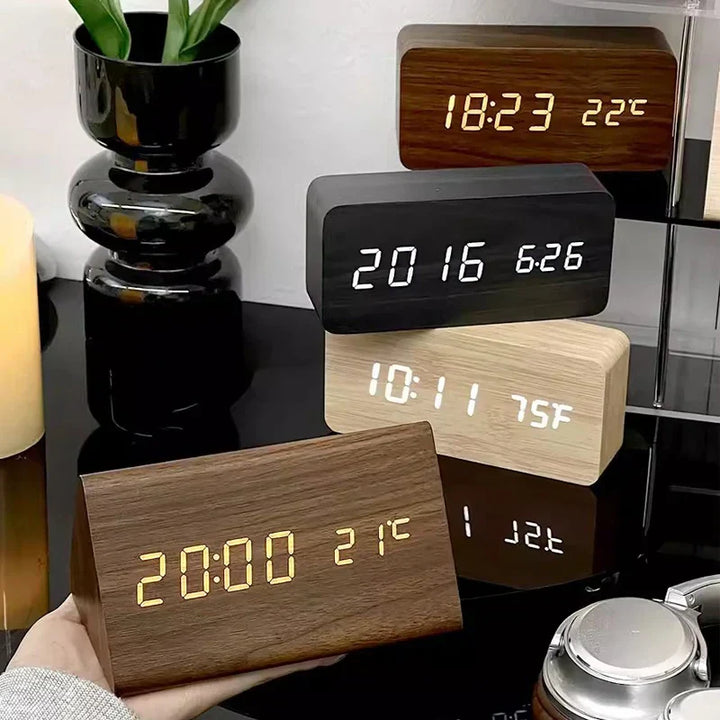 WoodGlow™ Wooden Digital Alarm Clock | LED Display, Voice Control &amp; Temperature Display