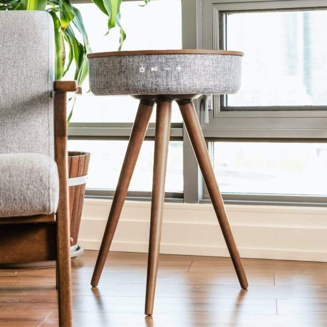 Mersenne | Bluetooth Speaker Side Table with 360° Sound, Wireless Charging &amp; Walnut Legs
