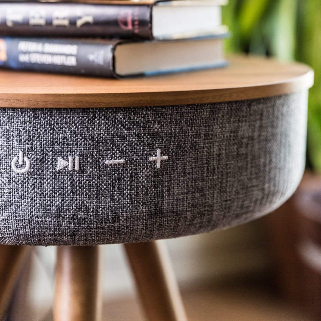 Mersenne | Bluetooth Speaker Side Table with 360° Sound, Wireless Charging &amp; Walnut Legs