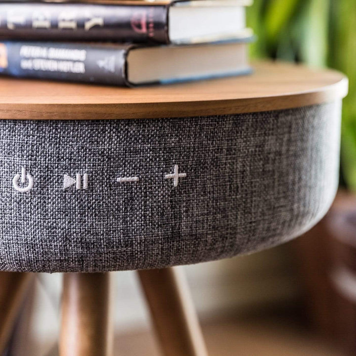 Mersenne | Bluetooth Speaker Side Table with 360° Sound, Wireless Charging &amp; Walnut Legs