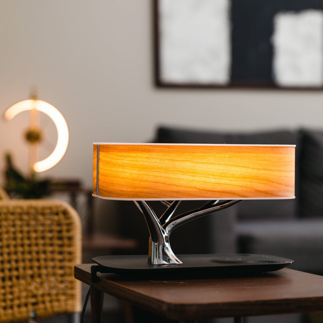 Table Lamp with Wireless Charger, Bluetooth Speaker &amp; Dimmable Lighting | Wooden Design