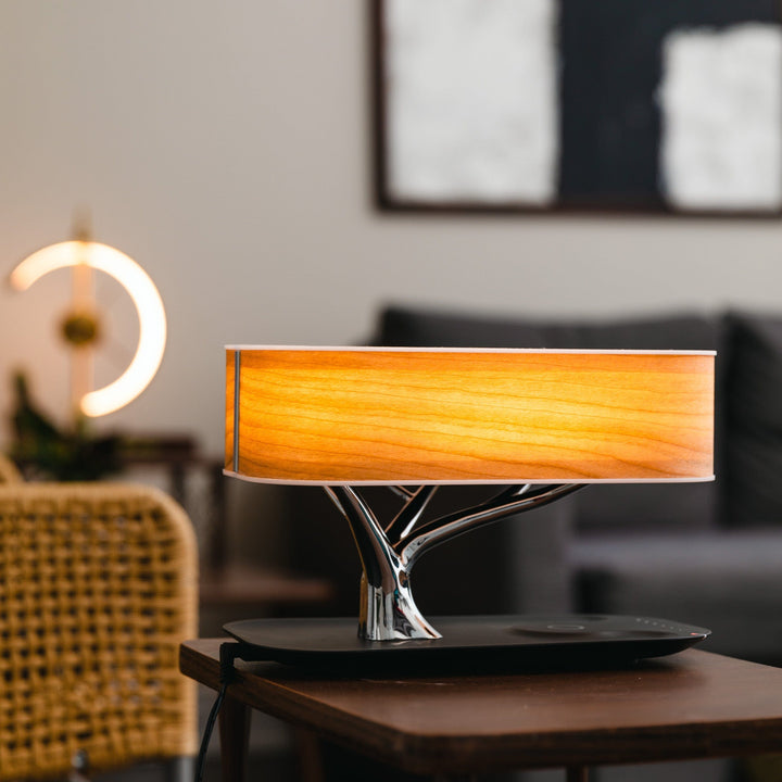 Table Lamp with Wireless Charger, Bluetooth Speaker &amp; Dimmable Lighting | Wooden Design