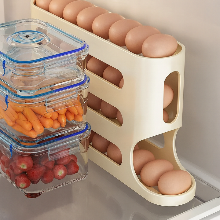 Egg Storage Box | 4-Tier Space-Saving Egg Tray with Automatic Roll Function