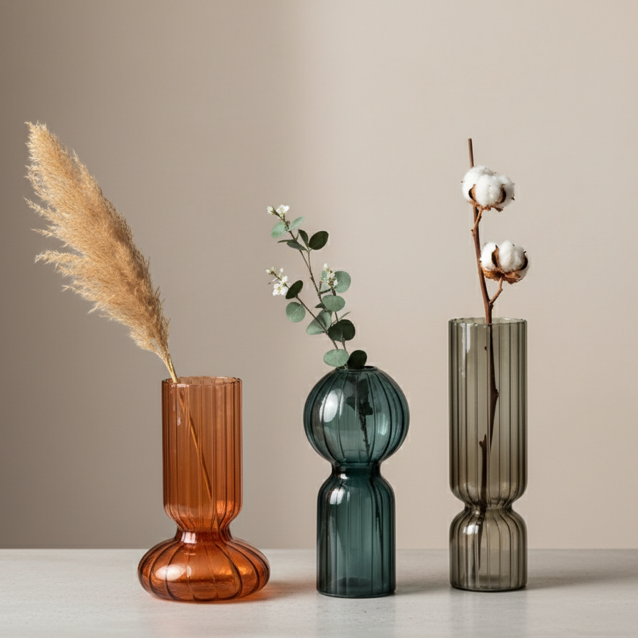 Stylish Ribbed Glass Vase | Hydroponic &amp; Decorative Vase | 3 Unique Variants