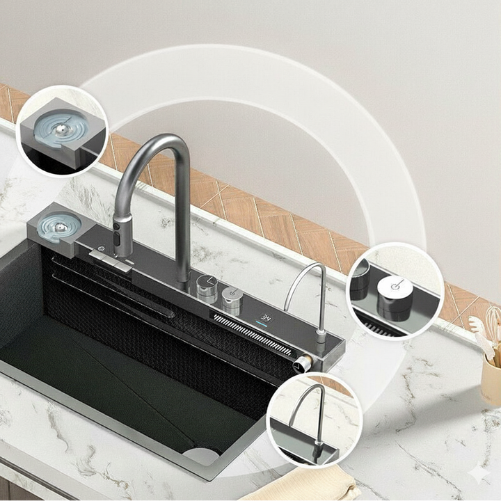 IntelliFlow | Smart Stainless Steel Sink with Multifunction Faucet, Digital Temperature Display &amp; Cold/Hot Water Control