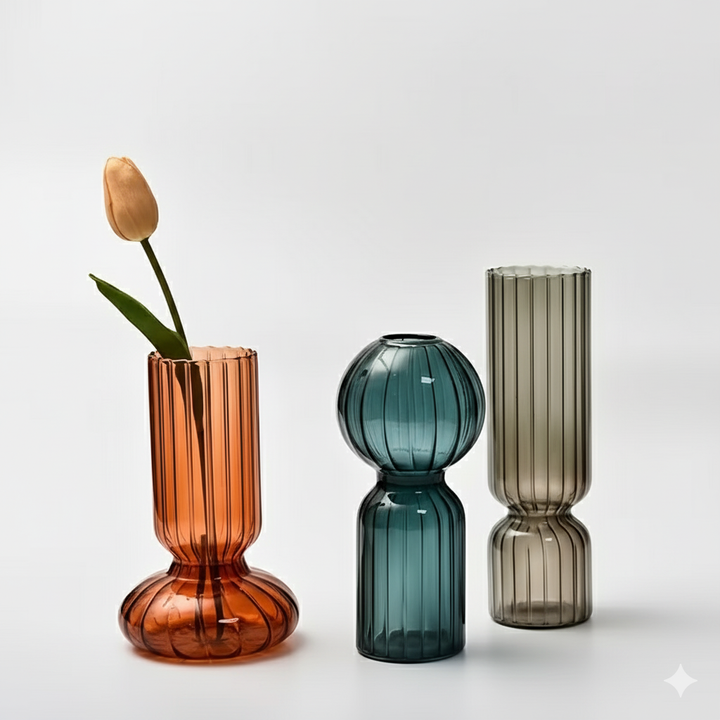 Stylish Ribbed Glass Vase | Hydroponic &amp; Decorative Vase | 3 Unique Variants