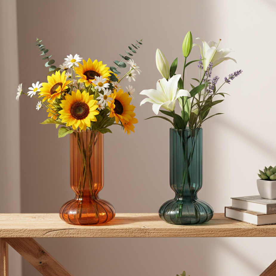 Stylish Ribbed Glass Vase | Hydroponic &amp; Decorative Vase | 3 Unique Variants